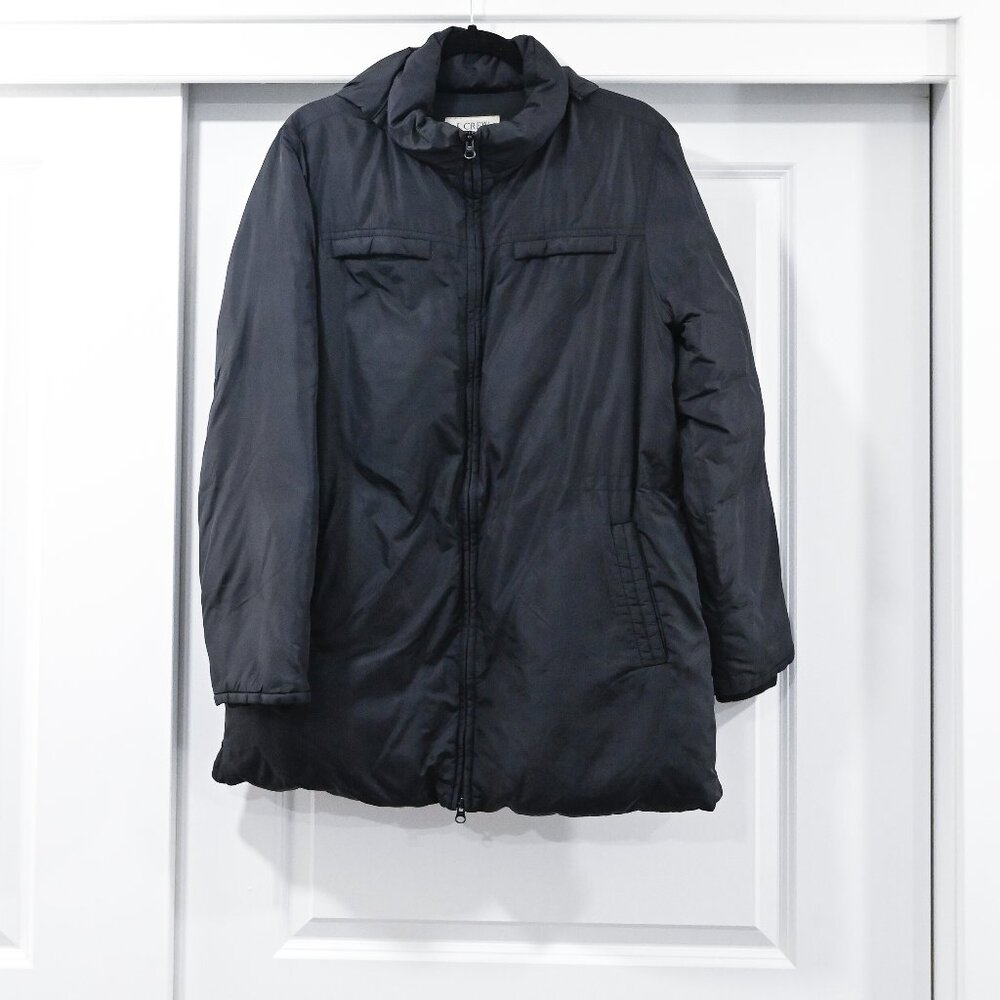 J. Crew Medium Black Down Puffer Jacket with Cinched Waist and Removable Hood